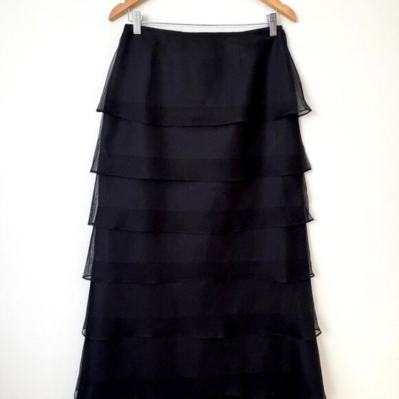Tadashi Black Silk Tiered Chiffon Maxi Skirt Sz 8 Formal Elegant Evening Wear - Picture 3 of 9
